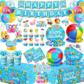 Pool Birthday Party Supplies,Summer Beach Party Decorations Paper Plates,Napkins,Balloon,Banner,Cupcake Topper for Summer Hawaiian Beach Pool Birthday Supplies Serves 24 by HAKOTI