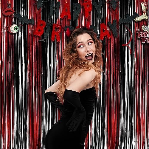 Black Red Party Streamers Backdrop - GREATRIL Foil Fringe Tinsel for Stranger/Friday Party/Halloween Party Decorations - 3.2ft X 8.2ft - 2 Packs - Image 6