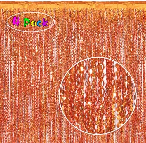 4 Pack Orange Wavy Metallic Tinsel Foil Fringe Curtains | 3.3 ft x 6.6 ft Party Streamer Backdrop Photo Booth for Orange Basketball Party Decorations Holloween Christmas - Image 2