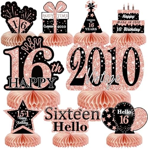 9Pcs Rose Gold Sweet 16 Birthday Decorations Honeycomb Centerpieces for Girls,Pink Happy 16th Birthday Centerpieces Tables Toppers Party Decorations Supplies 16th Table Sign Decor by MOORAY