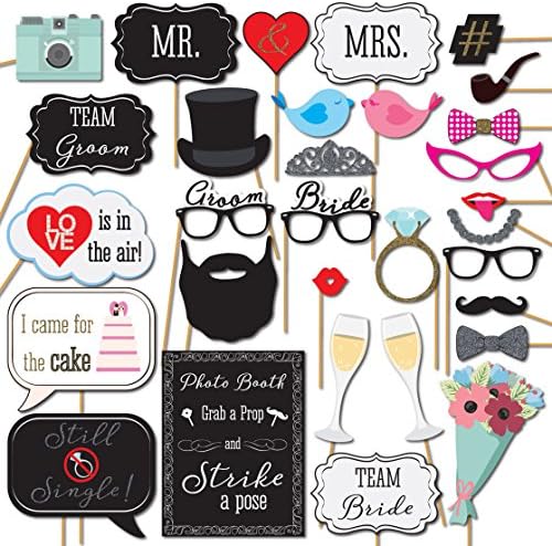 Wedding Photo Booth Props with 8 x 10-Inch Sign, 45 Adhesive Pads, 35 Wooden Sticks - Signs for Wedding Backdrop and Selfie Station by OutsideTheBooth