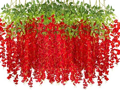 AITISOR 24 Pack Artificial Fake Wisteria Vine Ratta (3.75 Feet) Hanging Garland Silk Flowers String Home Party Wedding Decor (Red) by AITISOR