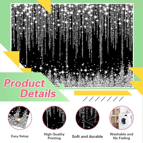Silver Black Glitter Wall Backdrop 10x5 FT Silver Spots Backdrops for Photoshoot Girls Birthday Photography Background for Wedding Baby Shower Party Decorations Banners Photo Studio Props - Image 6
