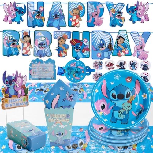 Stitch kids Birthday Party Supplies decoration Set – 125PCS, for16 Guests,1Tablecloth,16 Plates,16Napkins, Banner, Stickers, Cake Topper,16 Invitations card with envolopes,16 Blowouts &16Popcorn Boxes by Rovercci