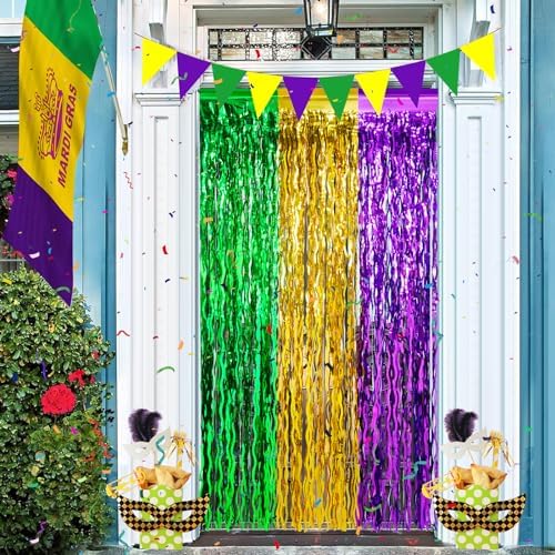 6 Pack 3.3Ft x 6.6Ft Mardi Gras Wavy Foil Fringe Curtain Backdrop Decorations, Purple Gold Green Metallic Tinsel Foil Streamers Curtain Photo Background for Mardi Gras Carnival Wedding Birthday Party - Image 7