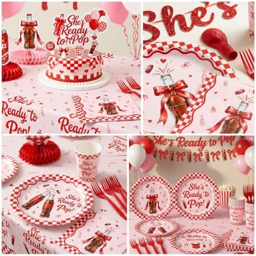 182 Pcs She's Ready to Pop Baby Show Party Decorations(Serves 24), Ready to Pop Baby Shower Decorations Include Banner Hanging Backdrop Plates Napkins Cups Forks Tablecloth Topper Balloons for Party - Image 6