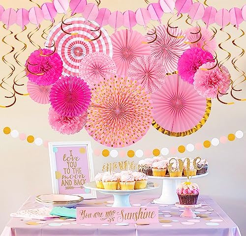 Moon Boat 35PCS Party Decorations Paper Fan Hanging Set - Birthday,Bridal/Baby Shower,Bachelorette,Wedding Decor (Pink) - Image 6