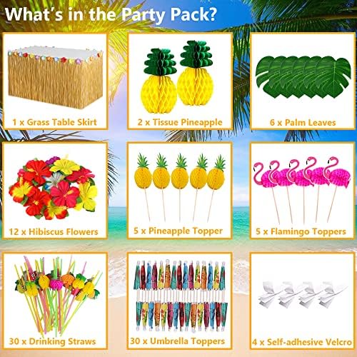 Tropical Luau Party Decorations Set Hawaiian Beach Theme Party Favors Luau Party Supplies with 9ft Luau Grass Table Skirt, Palm Leaves, Hibiscus Flowers, 3D Fruit Straws, Flamingo and Pineapple Décors - Image 3