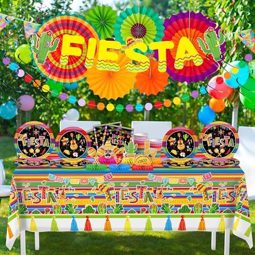 DMIGHT 101PCS Fiesta Party Supplies Set – Plates, Napkins, Fiesta Paper Fans, Banner, Tablecloth, Honeycomb Centerpieces – Perfect for Cinco de Mayo, Mexican Fiesta, and Fiesta Party Decorations - Image 6