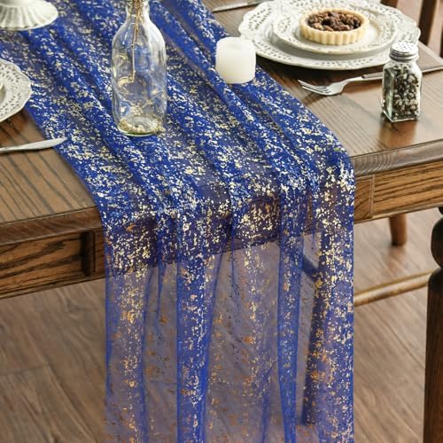 Artoid Mode 6PCS Blue Gold Gauze Table Runner 120 Inch 10FT, Glitter Metallic Foil Sheer Dining Wedding Anniversary Holiday Table Decor for Home Party by ArtoidMode