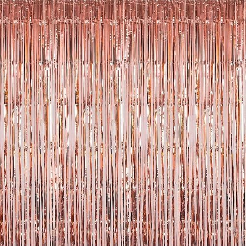2 Pcs 3.2ft x 8.2ft Shiny Rose Gold Metallic Tinsel Foil Fringe Curtains Photo Booth Backdrop for Birthday Wedding Holiday Celebration Bachelorette Party Decorations by i-CHONY
