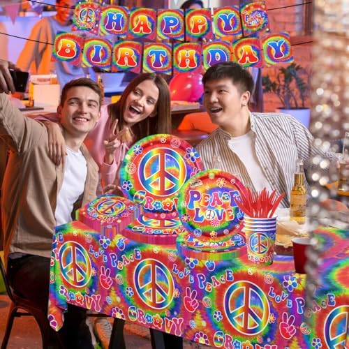 Tie Dye Birthday Party Supplies, 60's Hippie Theme Tableware Set Include Groovy Paper Plates Peace Love Napkins for Groovy 60s Party Supplies,Tie Dye Party Decorations - Image 5