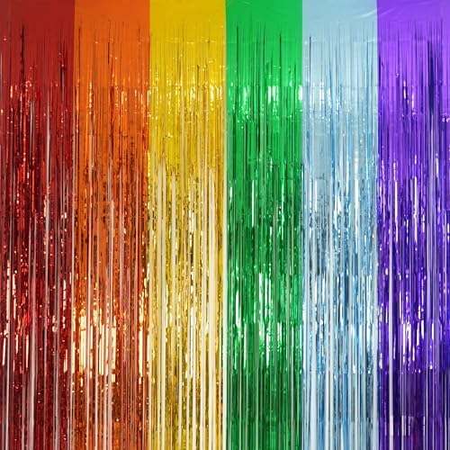 Rainbow Tinsel Streamers Backdrop Party Decorations 8.2ft x 3.2ft 2 Packs by GREATRIL