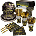 Disposable Party Dinnerware Set &Disposable Birthday Party Dinnerware Paper Plates Napkins Cups, Gold Plastic Forks Knives Spoons (Black/Gold) by TabreMstr