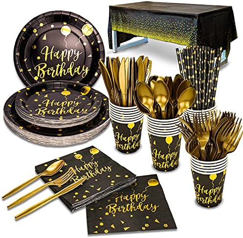 Disposable Party Dinnerware Set &Disposable Birthday Party Dinnerware Paper Plates Napkins Cups, Gold Plastic Forks Knives Spoons (Black/Gold) by TabreMstr