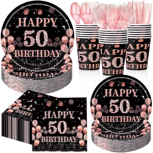 Pickmesh 400 Pcs 50th Birthday Party Supplies, Black Pink Tableware Set by Pickmesh