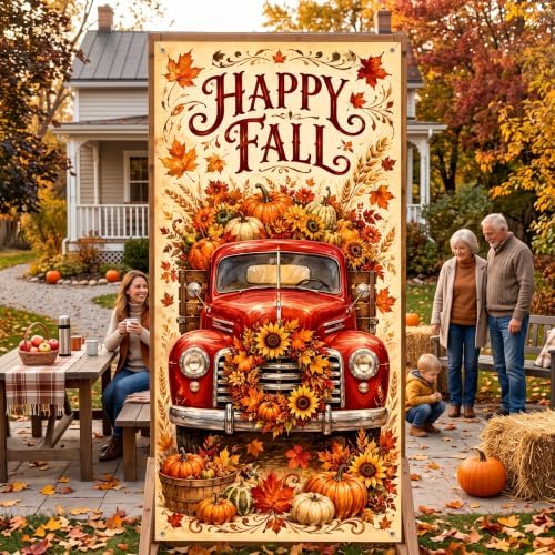 Happy Fall Vertical Door Banner, 35×71 Inch Autumn Front Door Hanging Flag Decor with Vintage Red Truck Pumpkins Sunflower Maple Leaves Backdrop Design for Farmhouse Porch Yard Thanksgiving Harvest - Image 7