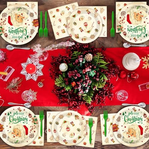 Qyeahkj 100 Pcs Christmas Xmas Party Paper Plates and Napkins, Vintage Holiday Party Supplies Birthday Party Tableware Set Table Decorations Favors with Forks for Girls Boys Kids Serve 25 - Image 6