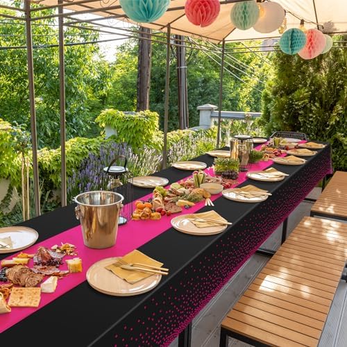 MASHAN 16Pack Disposable Plastic Party Tablecloths and Satin Table Runner Set - Black Hot Pink Dot - Wedding, Birthday, Baby Shower, Anniversary, Holiday Party Decorations - Image 7