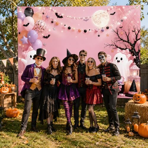 Xzentira Pink Halloween Backdrop 7x5 FT Cute Ghost Pumpkin Halloween Party Decorations Photo Booth Background for Girls Kids Adult - Image 4