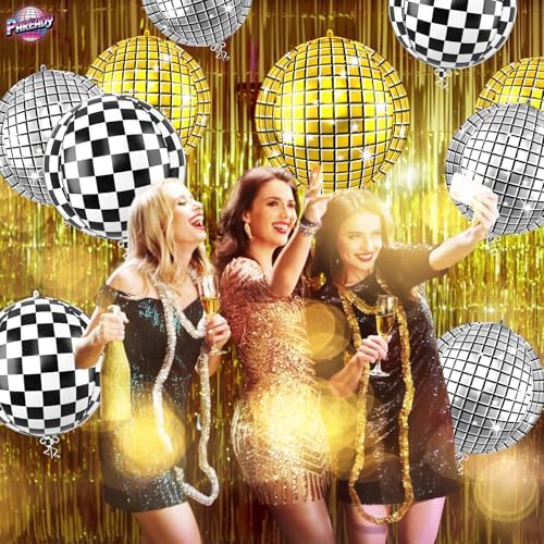 6pcs 22 Inch Gold Disco Ball Balloons, Silver Big Disco Balloons, Black White 4d Large Foil Balloon For Birthday Baby Shower Car Theme Party Wedding Engagement Celebration Graduation Decorations - Image 6