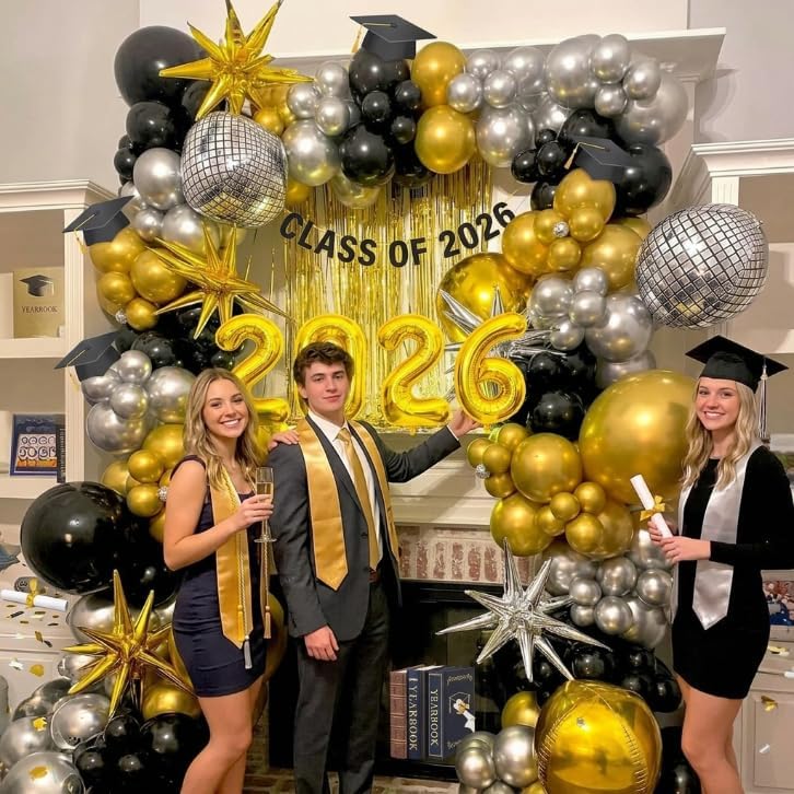 2026 Graduation Balloon Garland Arch Kit, Black Gold Silver Balloon Arch Class of 2026 Graduation Decorations Disco Star Balloons for Grad Celebrations Birthday Party Decorations - Image 3