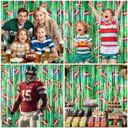 2 Packs Football Foil Fringe Curtain, Green Glitter Metallic Tinsel Backdrop for Birthday, Baby Shower, Super Bowl, Football Party Decorations Supplies - Image 5