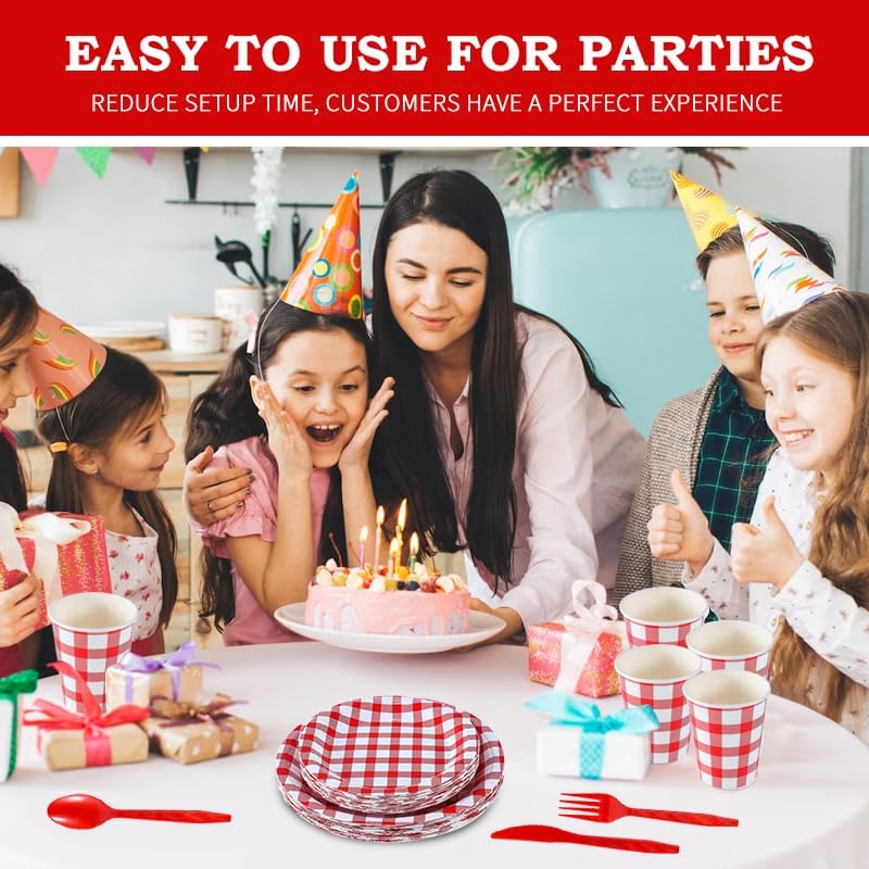 168Pcs Gingham Party Supplies for 24 Guests Thick Napkins and Paper Plates Knives Spoons Forks Cups Disposable Tableware Set Cutlery for Dinner Baby Shower Wedding Favor(Red) - Image 2