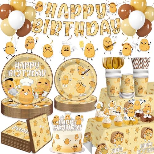 Potato Party Decorations Serves 25, 213Pcs Cute Cartoon Potato Plates, Banner, Cups, Cake Topper, Cupcake Topper, Disposable Table Cloth, Paper Material by Yingoto