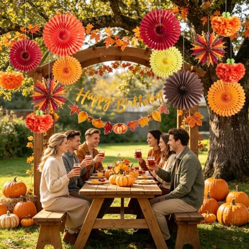 SUNBEAUTY Fall Party Decorations Orange Birthday Decorations Hanging Paper Fan Pumpkins Paper Pom poms Maple Leaves Happy Birthday Banner for Thanksgiving Autumn Harvest Classroom Office Party - Image 5