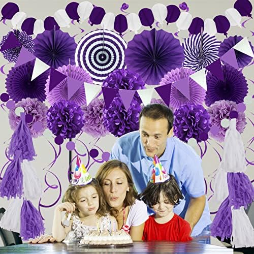 ZERODECO Party Decorations, 41 Pcs Purple Papar Fans Pompoms Garlands String Tissue Paper Tassel for Fiesta Home Bridal Baby Shower Wedding Boy Girl Birthday Party - Image 7