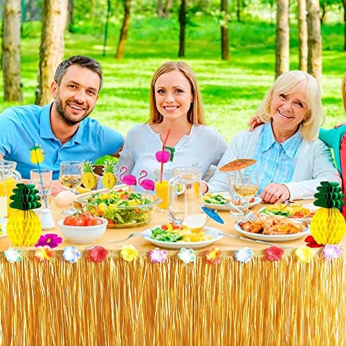 Tropical Luau Party Decorations Set Hawaiian Beach Theme Party Favors Luau Party Supplies with 9ft Luau Grass Table Skirt, Palm Leaves, Hibiscus Flowers, 3D Fruit Straws, Flamingo and Pineapple Décors - Image 6