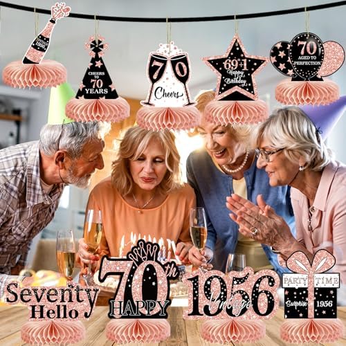 9Pcs 70th Birthday Decorations Honeycomb Centerpieces for Women, Rose Gold Pink Happy 70th Birthday Centerpieces Tables Toppers Party Decorations Supplies, Vintage 1956 Aged Table Sign Decor - Image 6
