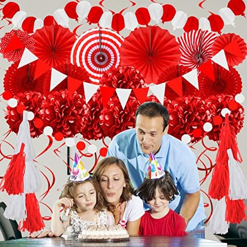 ZERODECO Party Decorations, 41 Pcs Red Papar Fans Pompoms Garlands String Tissue Paper Tassel for Graduation Congrats Grad New Years Spring Festival Wedding Birthday Party - Image 2