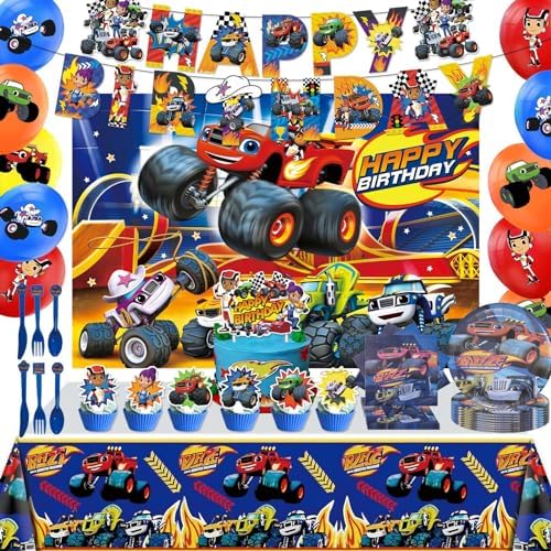 121 Pcs Monster Truck Birthday Party Supplies,Included Banner,Backdrop,Tablecloth,Plates,Balloon,Racing Car Tableware Set for Boy Truck Party Decorations by Unknown