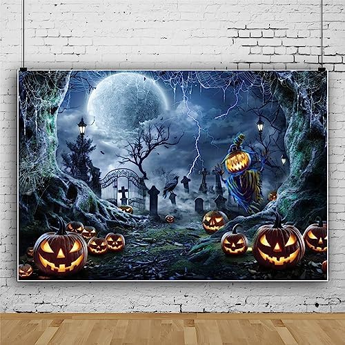 Renaiss 15x10ft Halloween Backdrop for Photography - Moon Night Graveyard Background for Kids & Adults - Scary Cemetery Pumpkin Lantern Creepy Halloween Party Decor Spooky Photo Booth Prop - Image 3