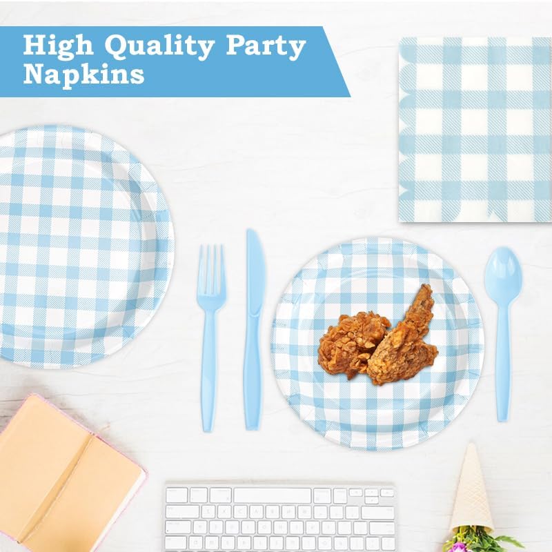 168Pcs Gingham Party Supplies for 24 Guests Thick Paper Plates and Napkins Knives Spoons Forks Cups Disposable Party Set Cutlery for Dinner Baby Shower Wedding Favor(Blue) - Image 3