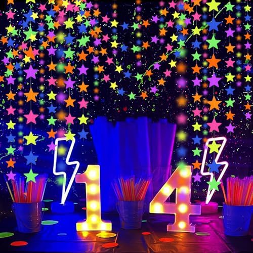 120feet UV Star Paper Neon Garland Neon Streamers Black Light Neon Decorations for Dark Glow Party UV Reactive Neon Party Favors Glow in The Dark Party Supplies for Party Wedding Birthday Banners - Image 3