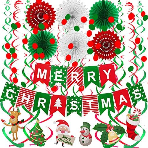 FECEDY Merry Christmas Banner Paper Fan Flower Circle Confetti Dots Hanging Garlandand Swirl Streamers Christmas Tree Christmas Snowman God Tang for Christmas Party Decoration by FECEDY