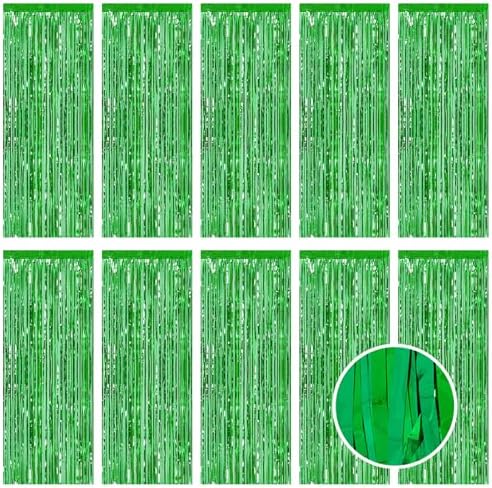 10 Pack Green Foil Curtain Backdrop 3.2ft x 9.8ft Metallic Tinsel Foil Fringe Curtains Streamer Photo Booth Backdrop for Birthday Party Engagement Bachelorette Party Decorations (Green) by Ohiyoo