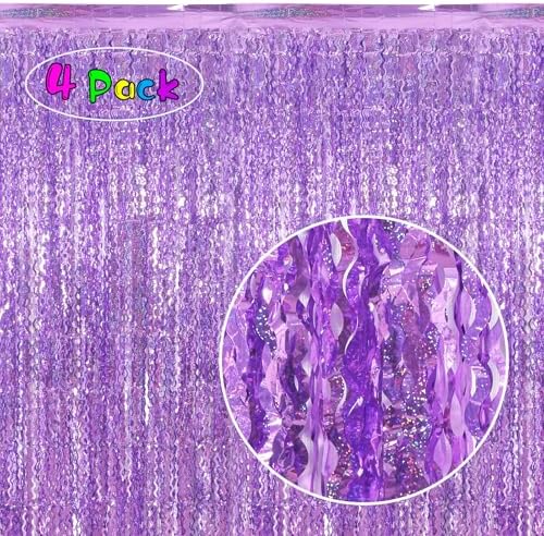 4 Pack Sparkle Wavy Purple Tinsel Curtain Party Backdrop - 3.3X6.6ft Foil Fringe Curtain Party Photo Booth Streamers for Mermaid Euphoria Themed Decorations - Image 2