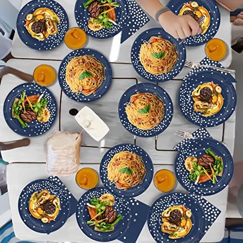 168Pcs Navy Blue Plates and Napkins Party Supplies, Navy Blue Paper Plates Serve 24, blue and Silver Party Decorations, for Fathers Day, Graduation, 4th of July, Hanukkah Party - Image 6