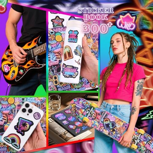 300+ Pieces Cool Neon Stickers Book for Laptop Phone Case Guitar Skateboard Helmet Bike Car Decals Scrapbooking Journaling Notesbook Luggage Water Bottles, Prizes Gift for Kids Teens Classroom Reward - Image 6