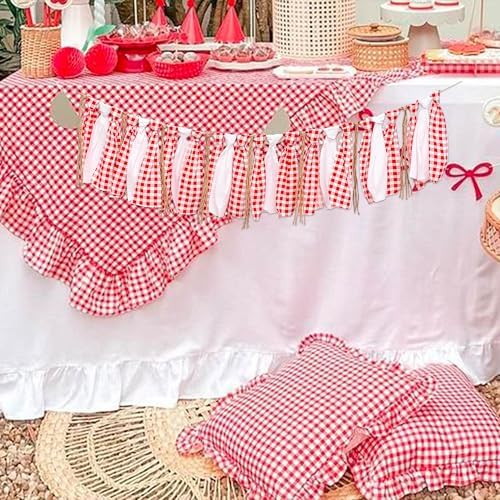 Red White Gingham Fabric Garland Banner BBQ Picnic Pizza Banner - Image 5