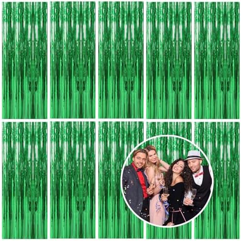 10 Pack Foil Curtain Backdrop Green Metallic Tinsel Foil Fringe Curtains Photo Booth Props for Birthday Wedding Engagement Baby Shower Bachelorette Christmas Holiday Celebration Party by KEJ