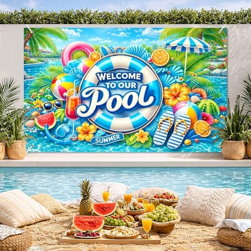 BlissYard Hello Summer Banner 71 x 43 Inches Welcome to Our Pool Summer Pool Party Decorations Swimming Pool Backdrop Beach for Pool Party Backyard Summer Beach Tiki Bar Outdoor Photo Booth - Image 3