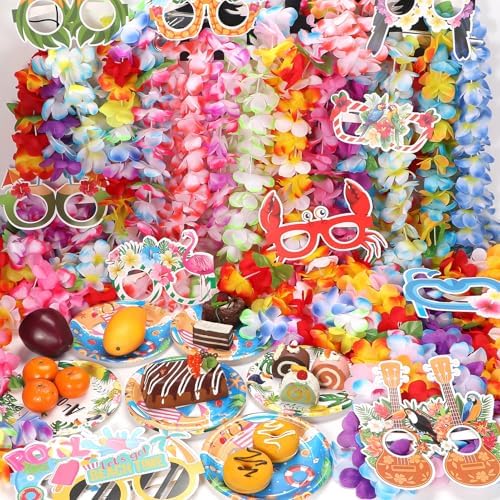 Atonofun 80 PCS Leis for Luau Party Decorations- Hawaiian Leis Bulk, Luau Party Glasses, Colorful Bracelets, Flower Headbands for Adults Tropical Birthday Summer Beach Luau Party Favors Supplies - Image 3
