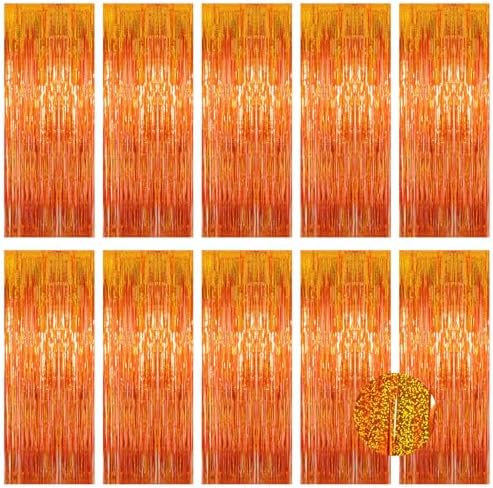 10 Pack Orange Foil Curtain Backdrop 3.2ft x 9.8ft Metallic Tinsel Foil Fringe Curtains Streamer Photo Booth Backdrop for Birthday Party Engagement Bachelorette Party Decorations - Sparkle Orange by Ohiyoo