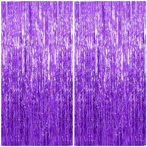 2 Pack Foil Curtain Backdrop Purple Metallic Tinsel Foil Fringe Curtains Photo Booth Props for Birthday Wedding Engagement Baby Shower Bachelorette Christmas Holiday Celebration Party Decorations by KEJ