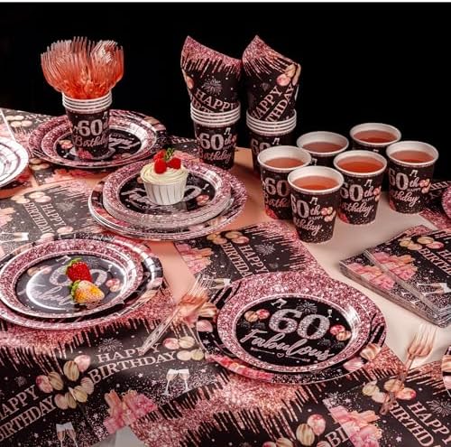 250PCS 60th Birthday Party Decorations for 50 Guests Black and Rose Gold Party Supplies for Women Include Disposable Paper Plates, Napkins, Cups, and Disposable Plastic Cutlery (60) - Image 6